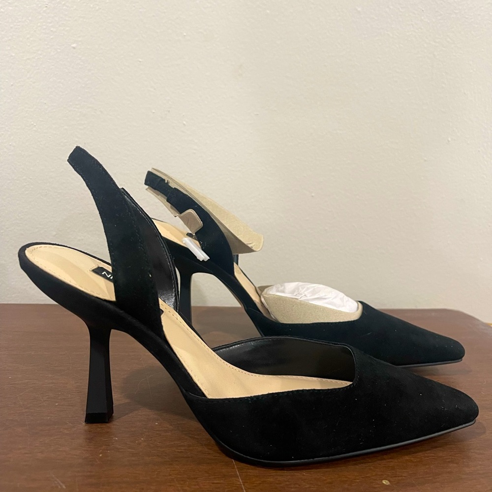 Nine West 7.5 black suede sling back heels. Brand new never been worn. In box